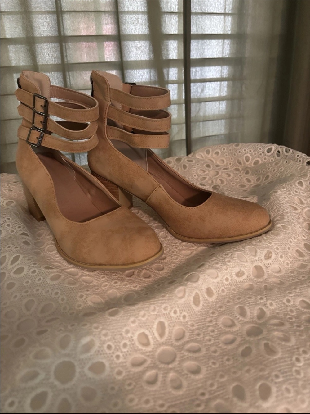 NEW!! Never Worn Tan Triple-Strap Ankle-Heel Pumps